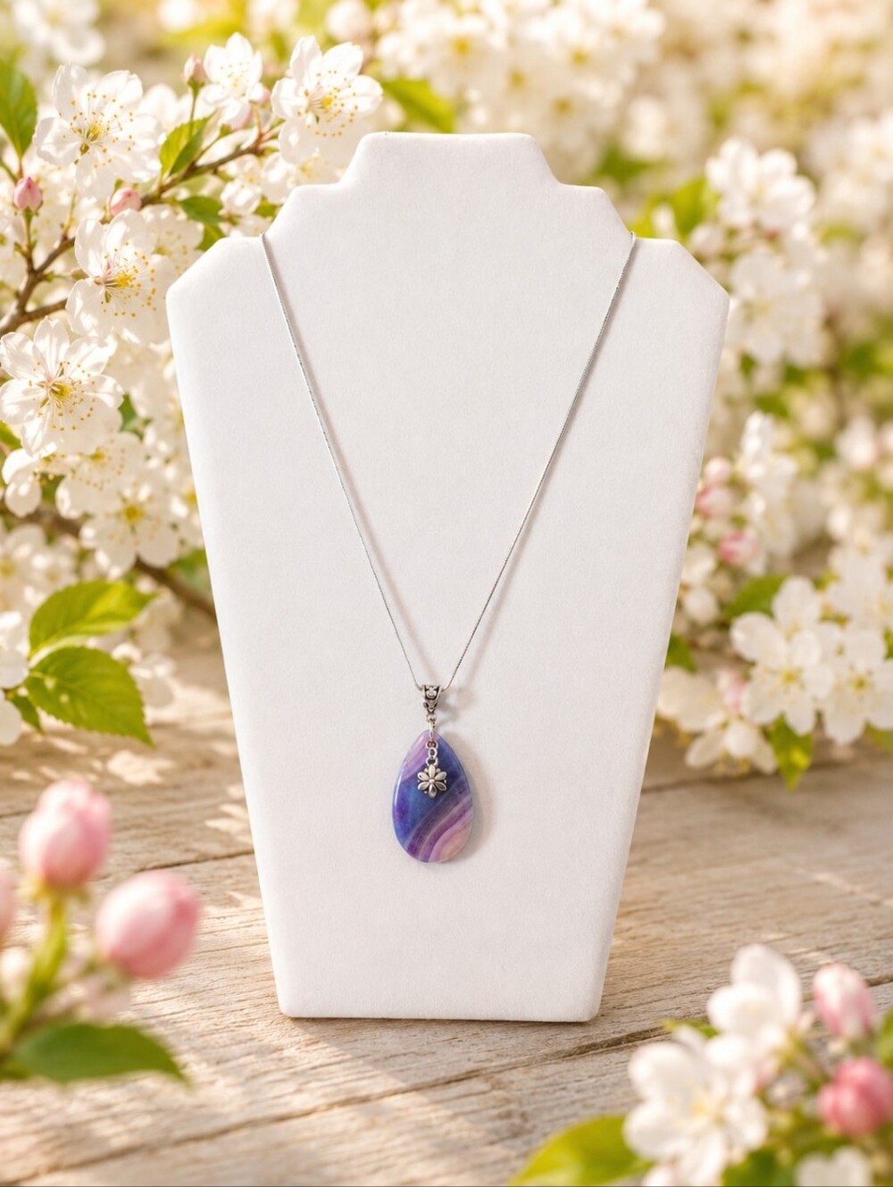 Purple Agate Teardrop Pendant Necklace With Silver Flower Charm